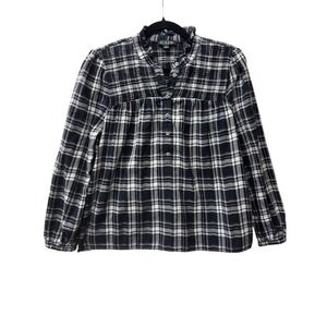 J. Crew Black White Plaid Smocked Ruffle Neck Blouse Top BN143 Mens Small